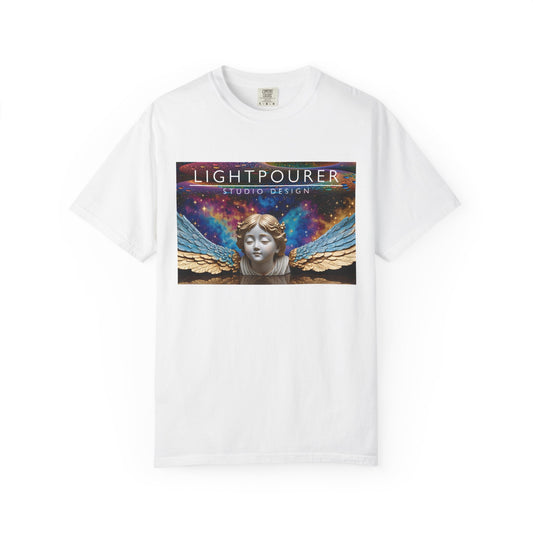 Lightpourer Angel Statue Graphic T-shirt | Cosmic Wings, Vintage Statue Print